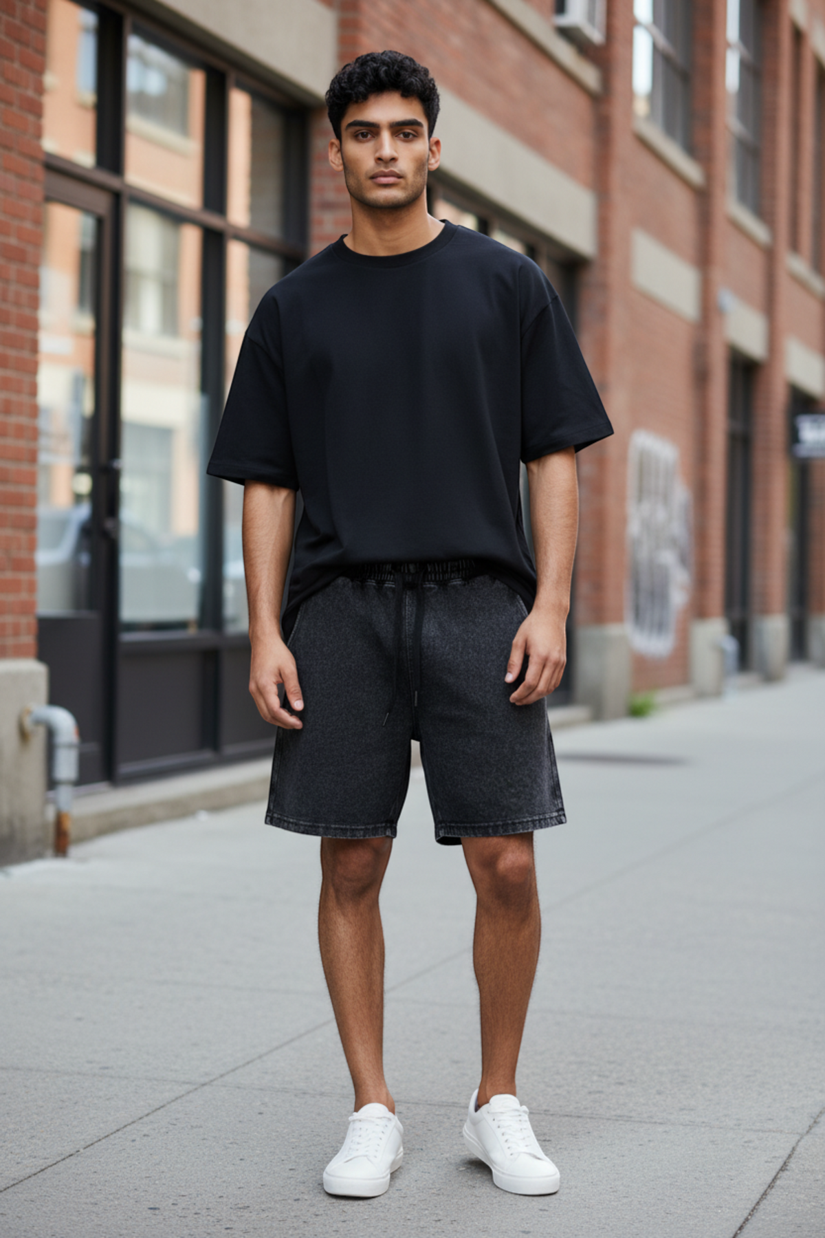 J/bronw Vestige Shorts — Acid Gray — worn by a model, front view