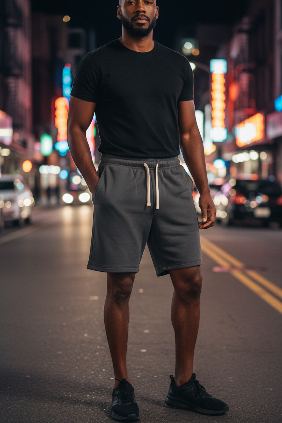 J/bronw Ash Shorts — Gray — worn by a model, front view