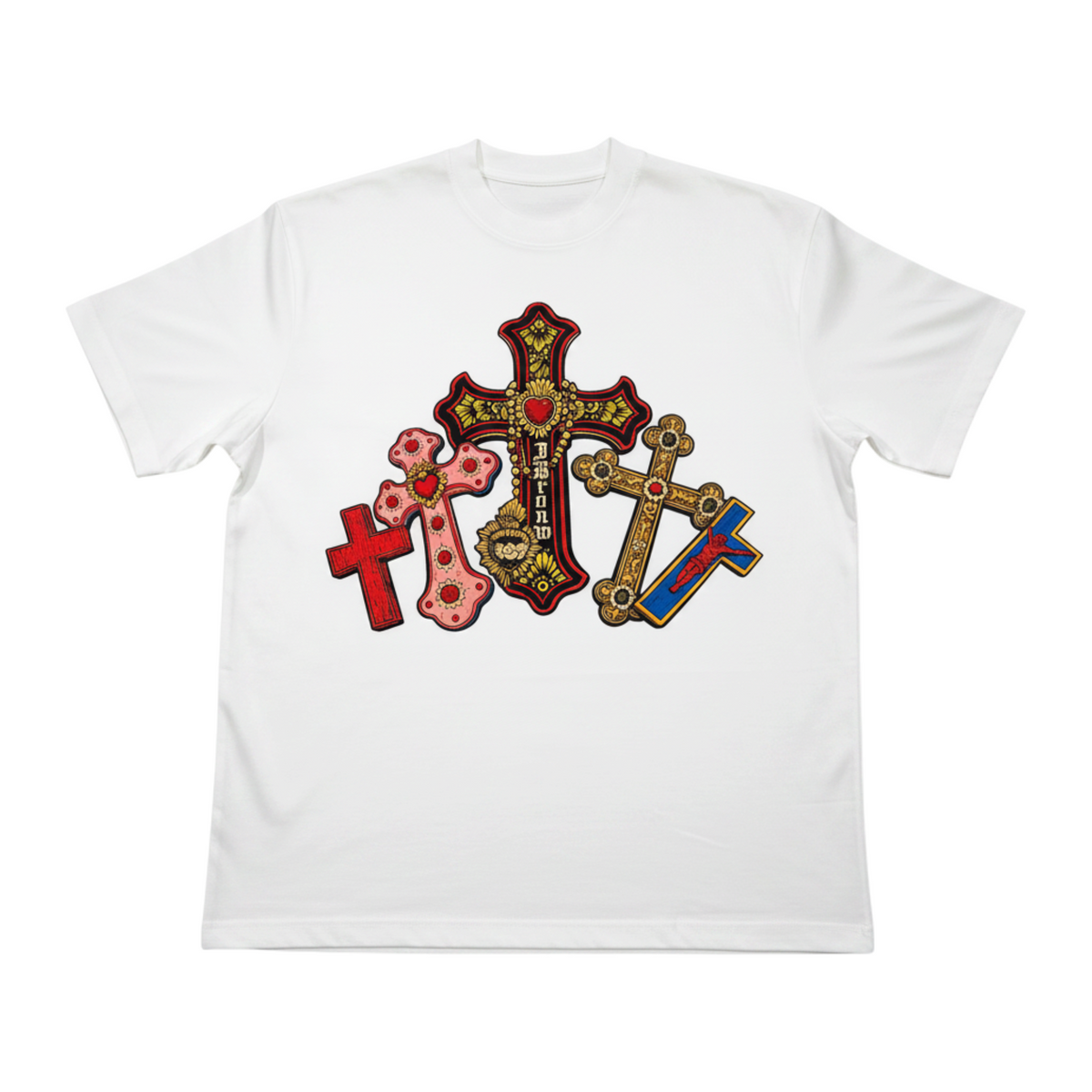 J/bronw Crosses Tee — White — flat lay, front