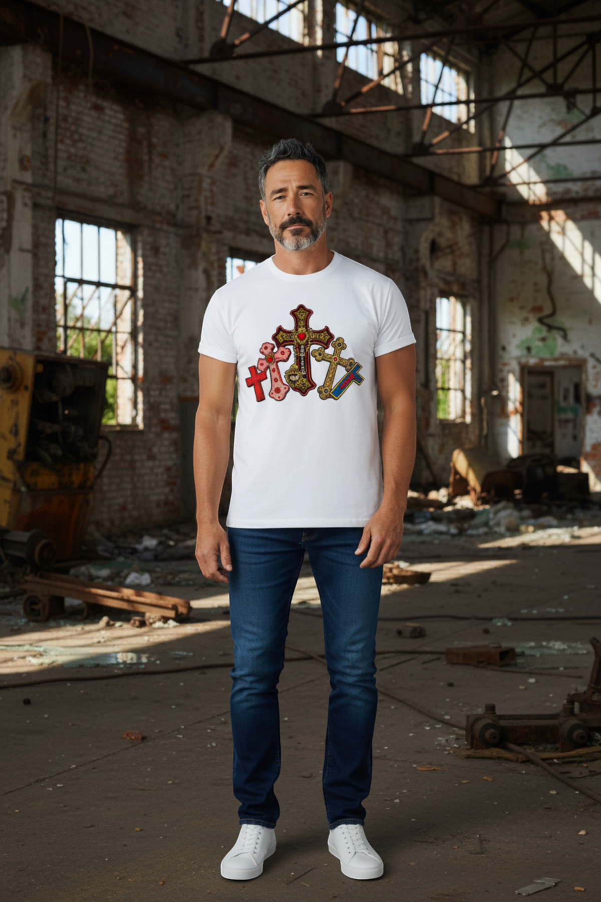 J/bronw Crosses Tee — White — worn by a model, front view