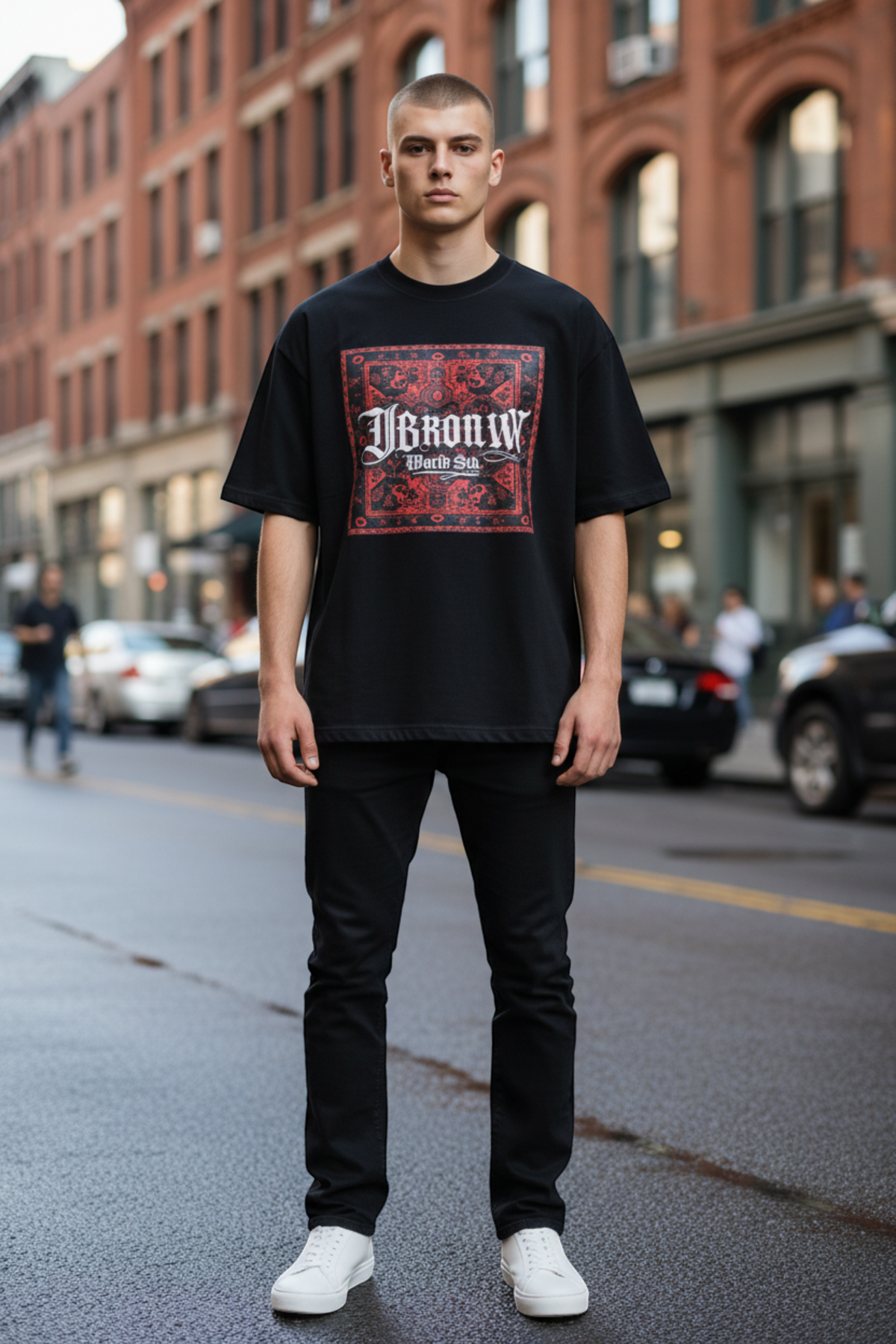 J/bronw Codex Tee — Black — worn by a model, front view