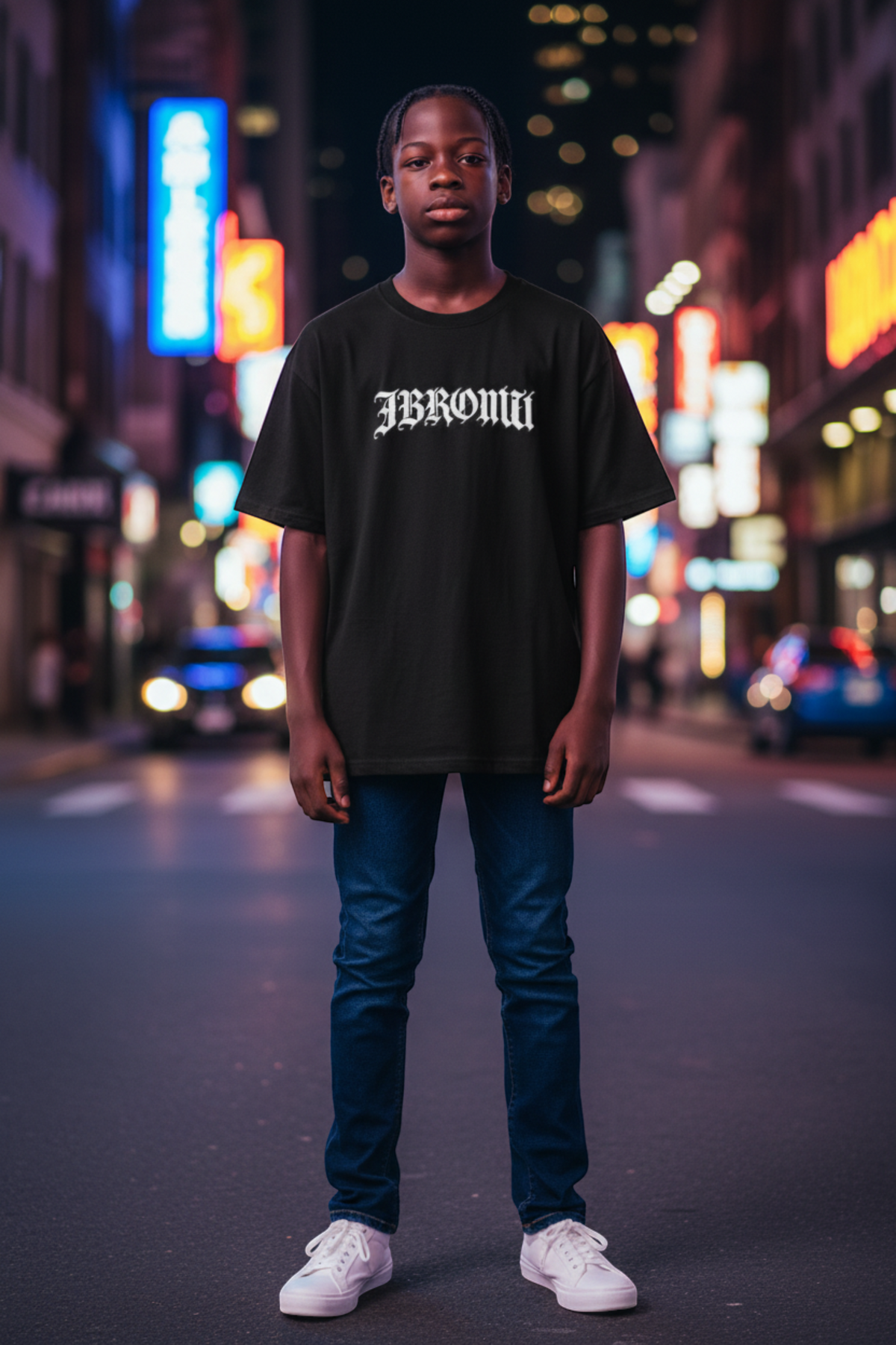 J/bronw Built in Silence Tee — Black — worn by a model, front view