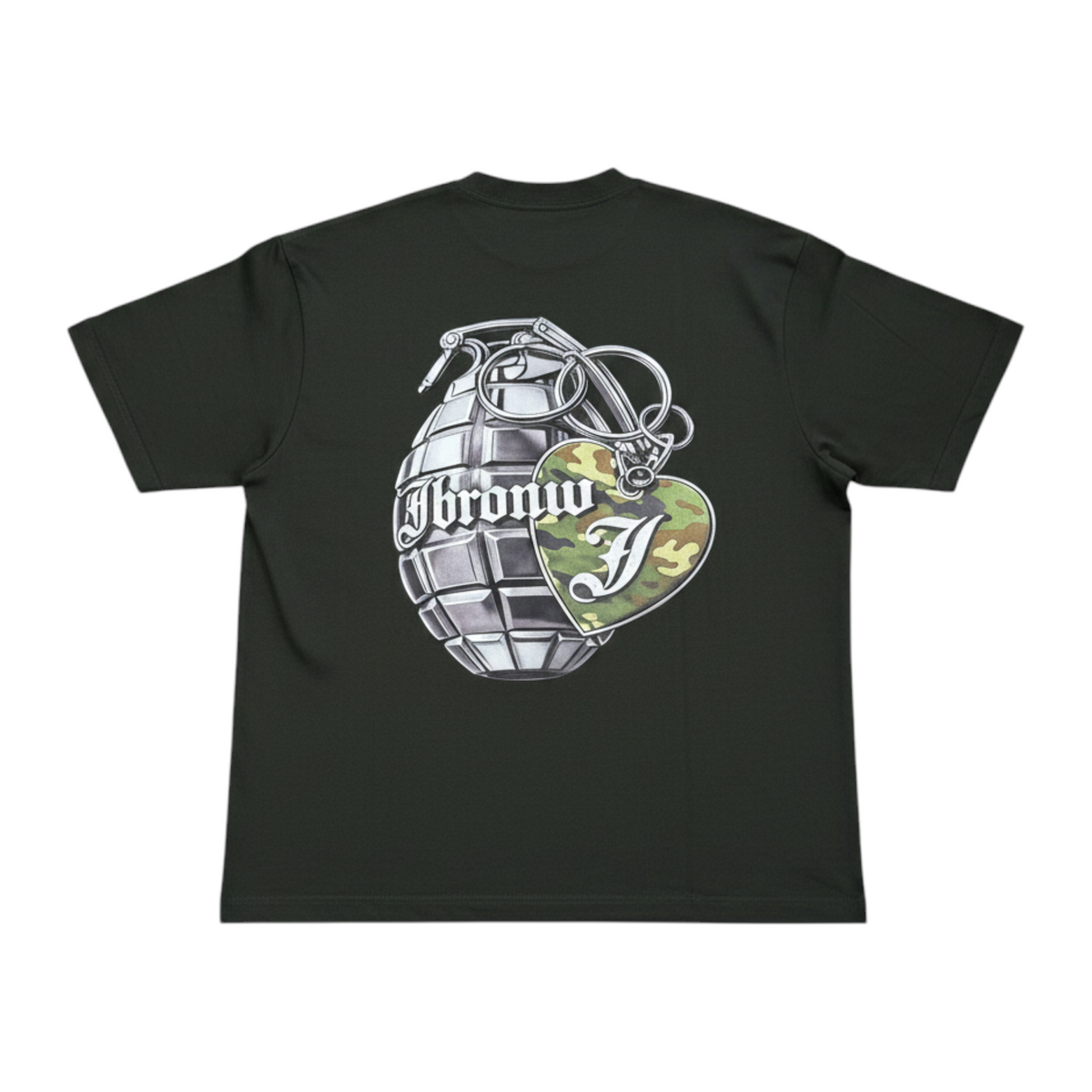 J/bronw Helm Tee — Olive — flat lay, front