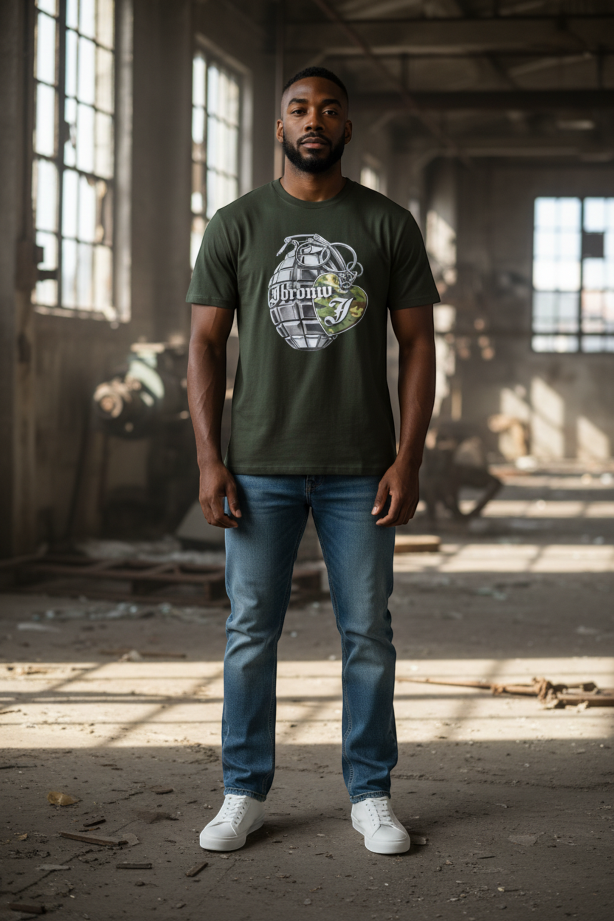 J/bronw Helm Tee — Olive — worn by a model, front view