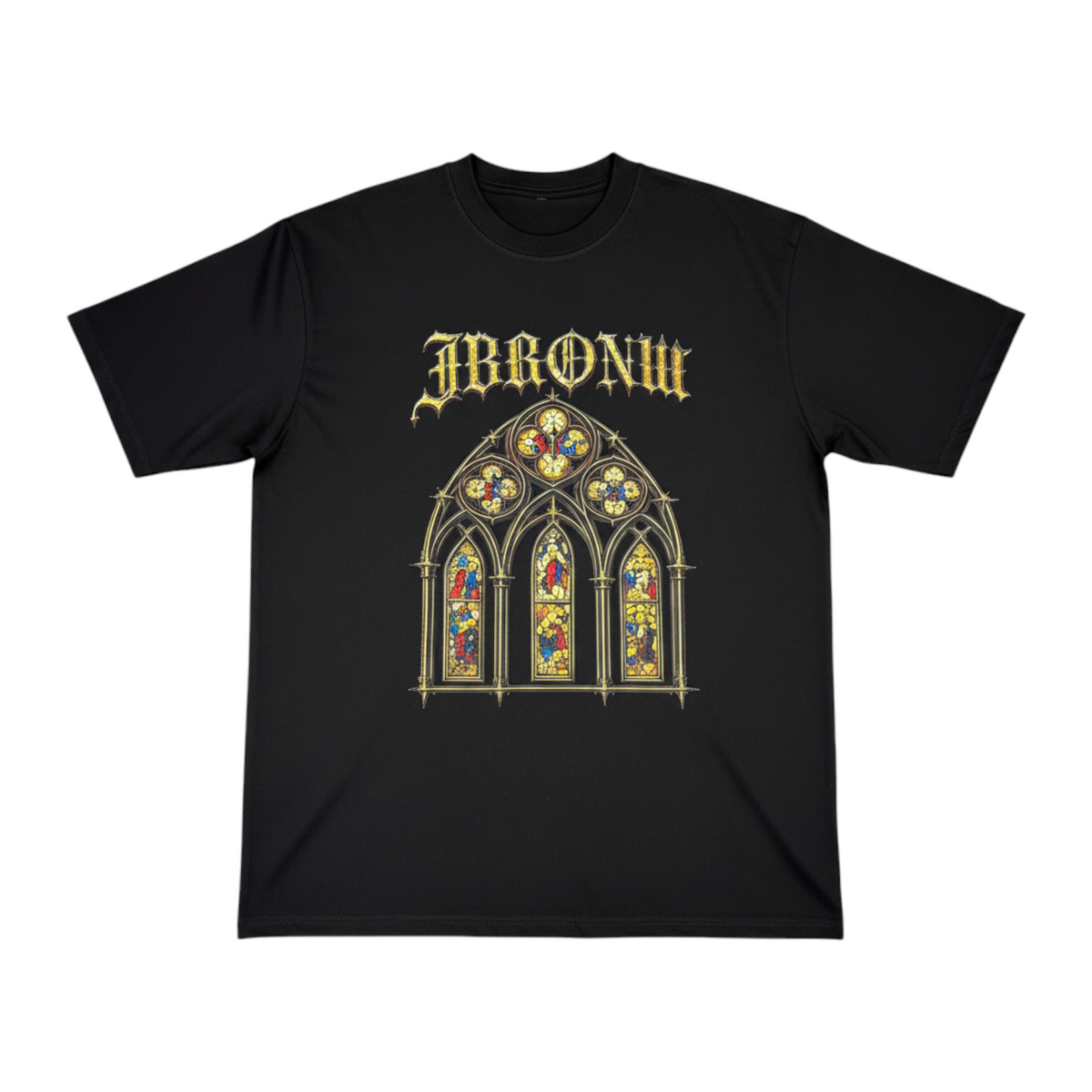 J/bronw Stained Glass Tee — Black — flat lay, front