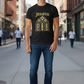 J/bronw Stained Glass Tee — Black — worn by a model, front view