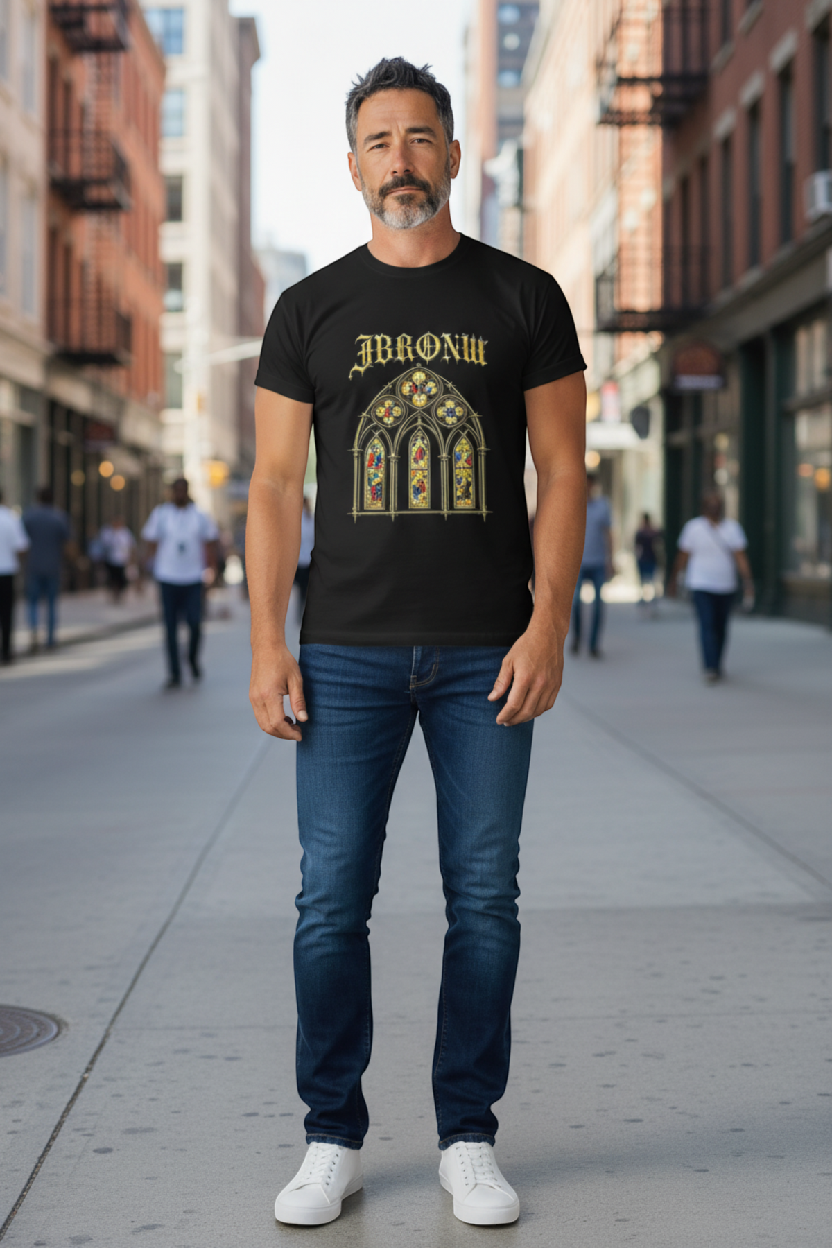 J/bronw Stained Glass Tee — Black — worn by a model, front view