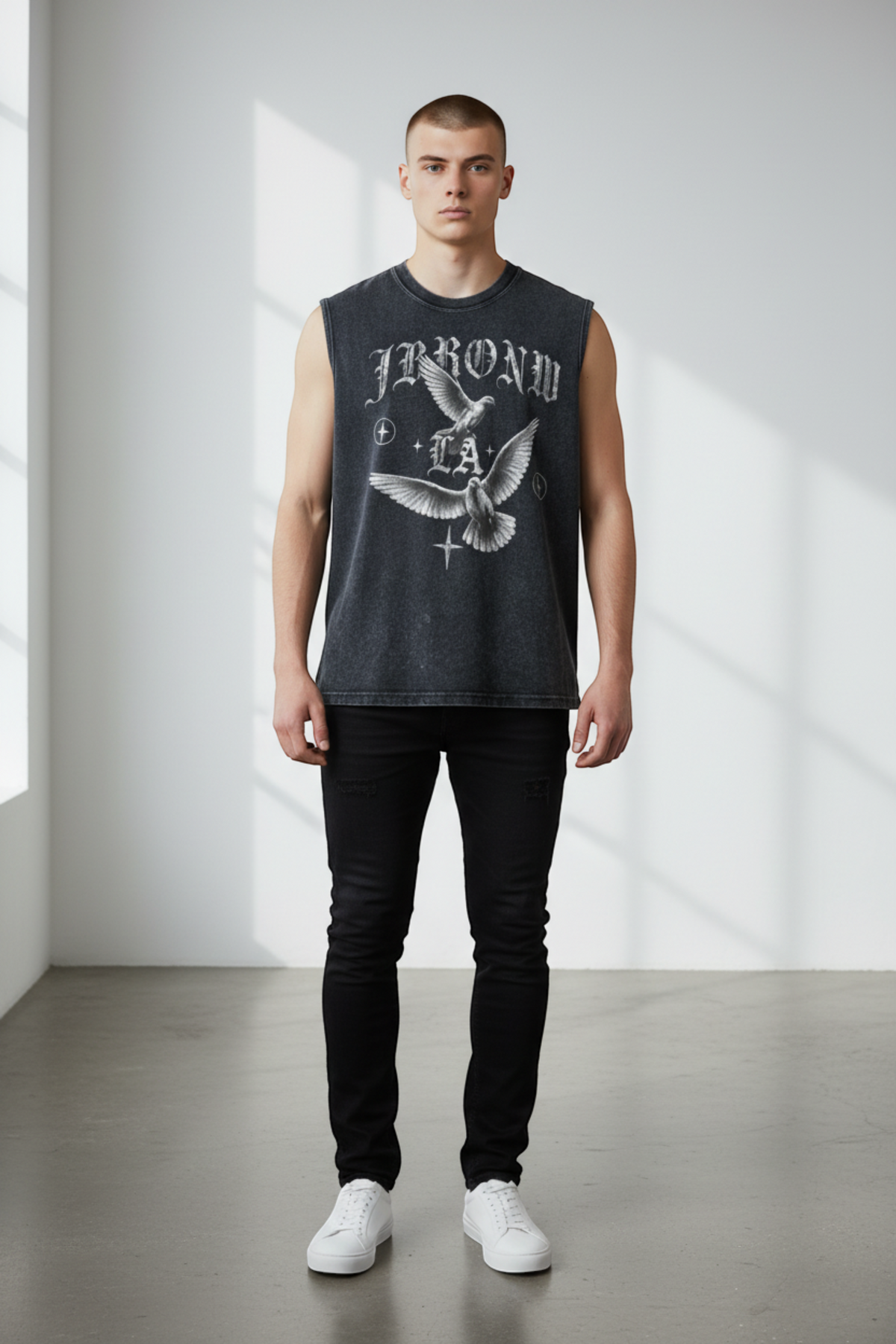 J/bronw Seraph Tee — Acid Gray — worn by a model, front view