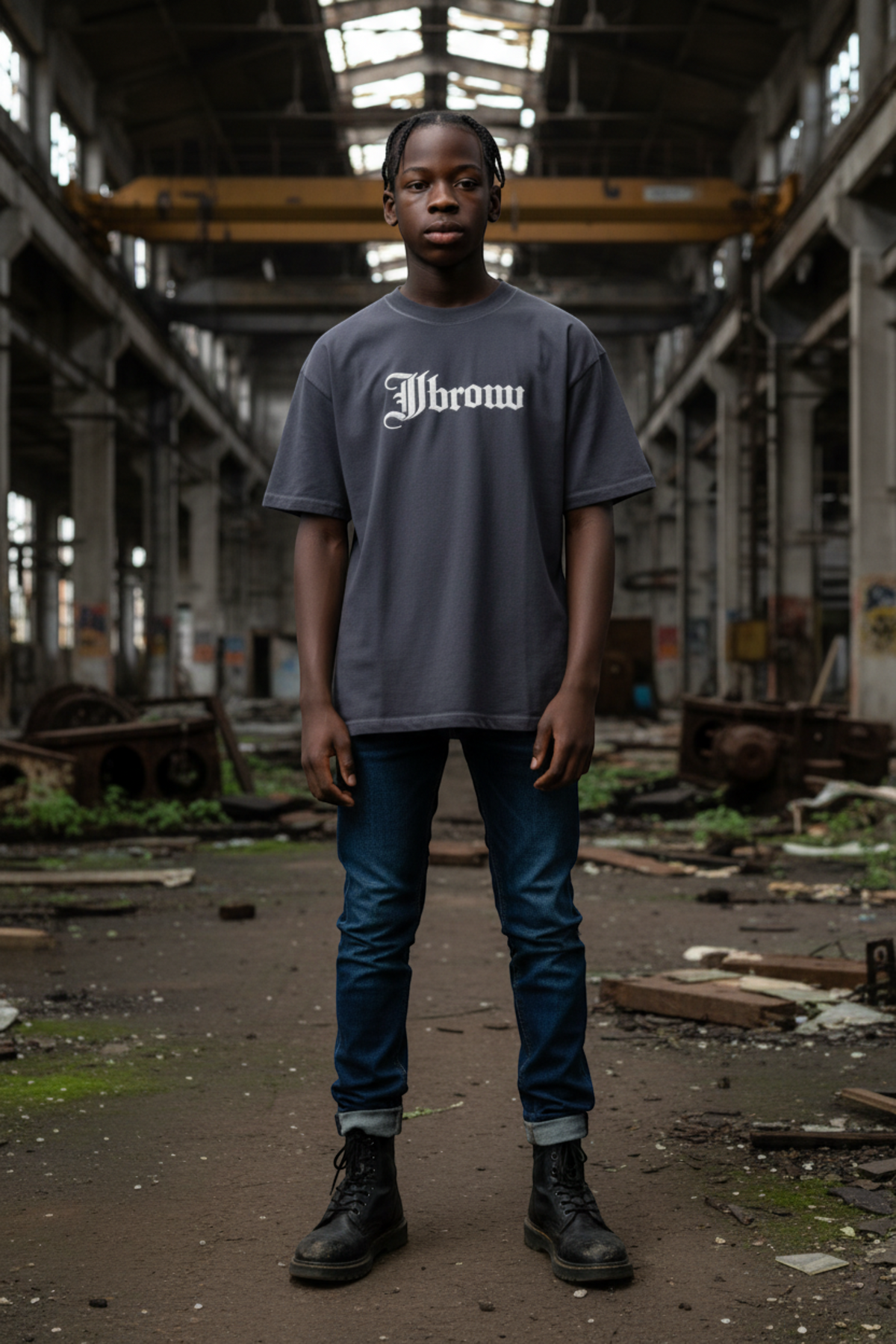 J/bronw Signature Tee — Navy — worn by a model, front view