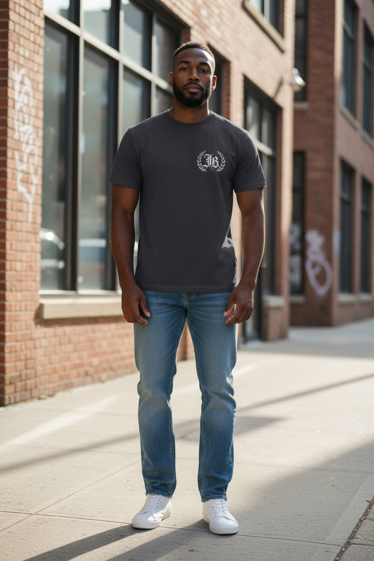 J/bronw Laurel Tee — Navy — worn by a model, front view