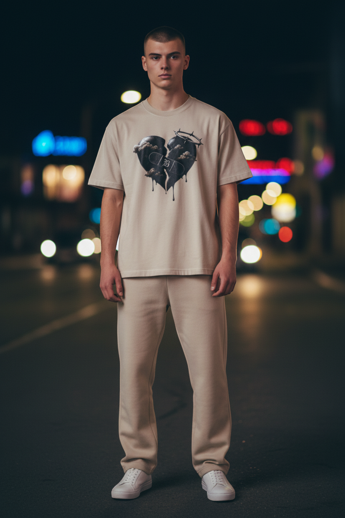 J/bronw Shadows Tee — Sand — worn by a model, front view