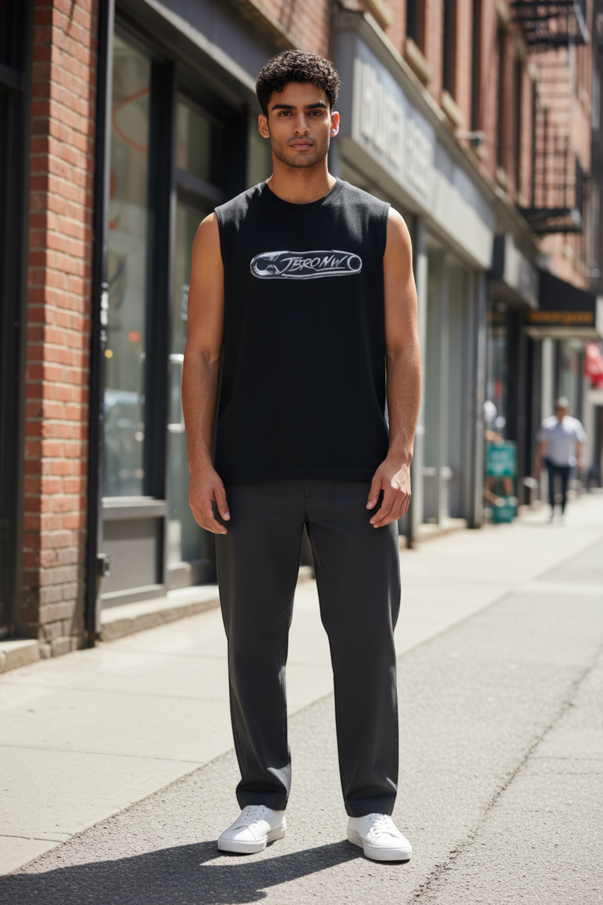 J/bronw Oval Tee — Acid Gray — worn by a model, front view