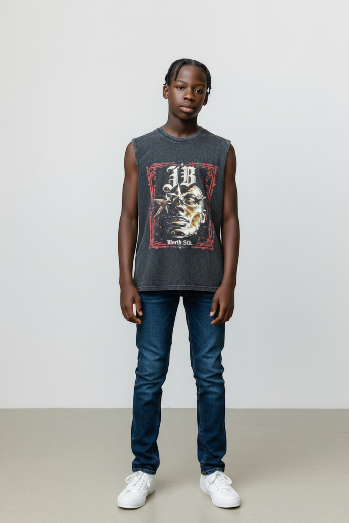 J/bronw Blood Tee — Acid Gray — worn by a model, front view