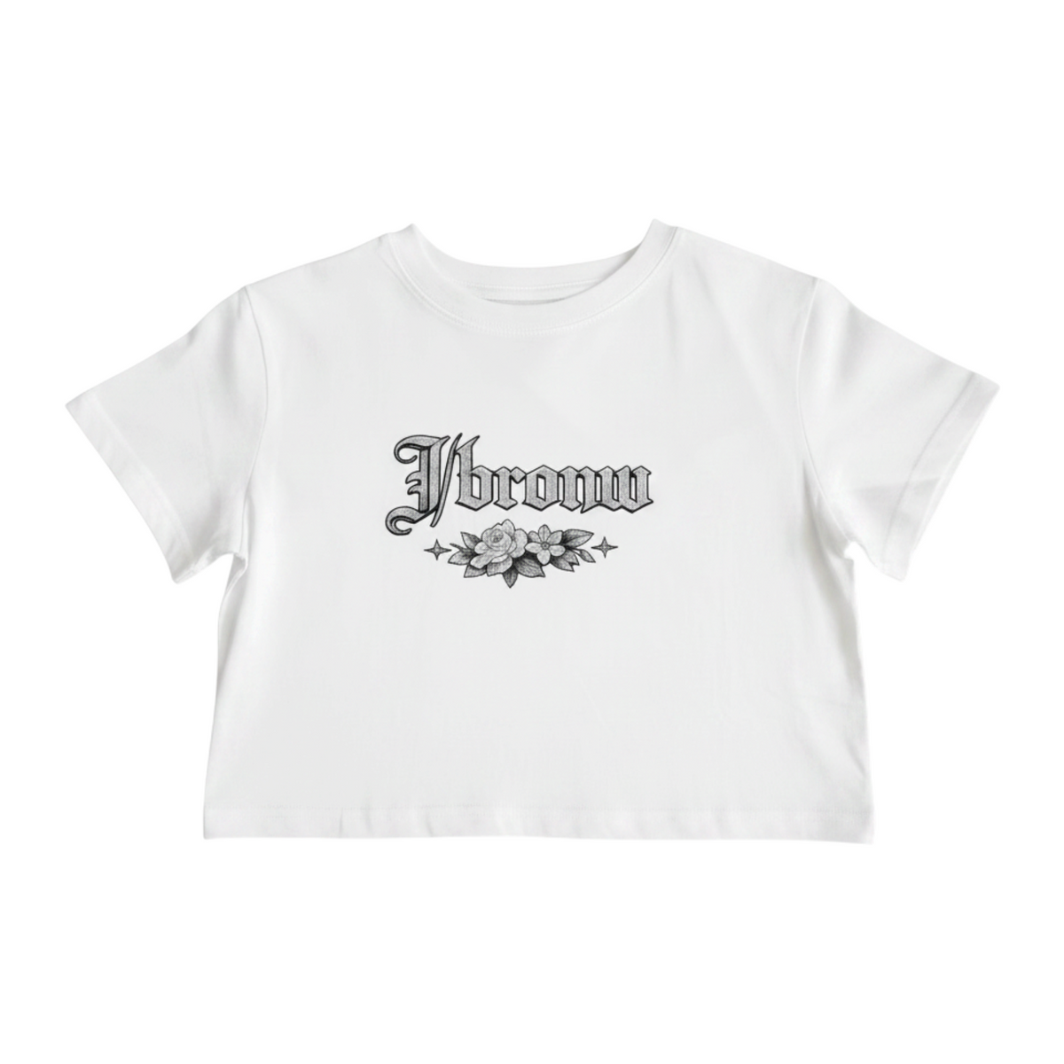 J/bronw Signature Tee — White — flat lay, front