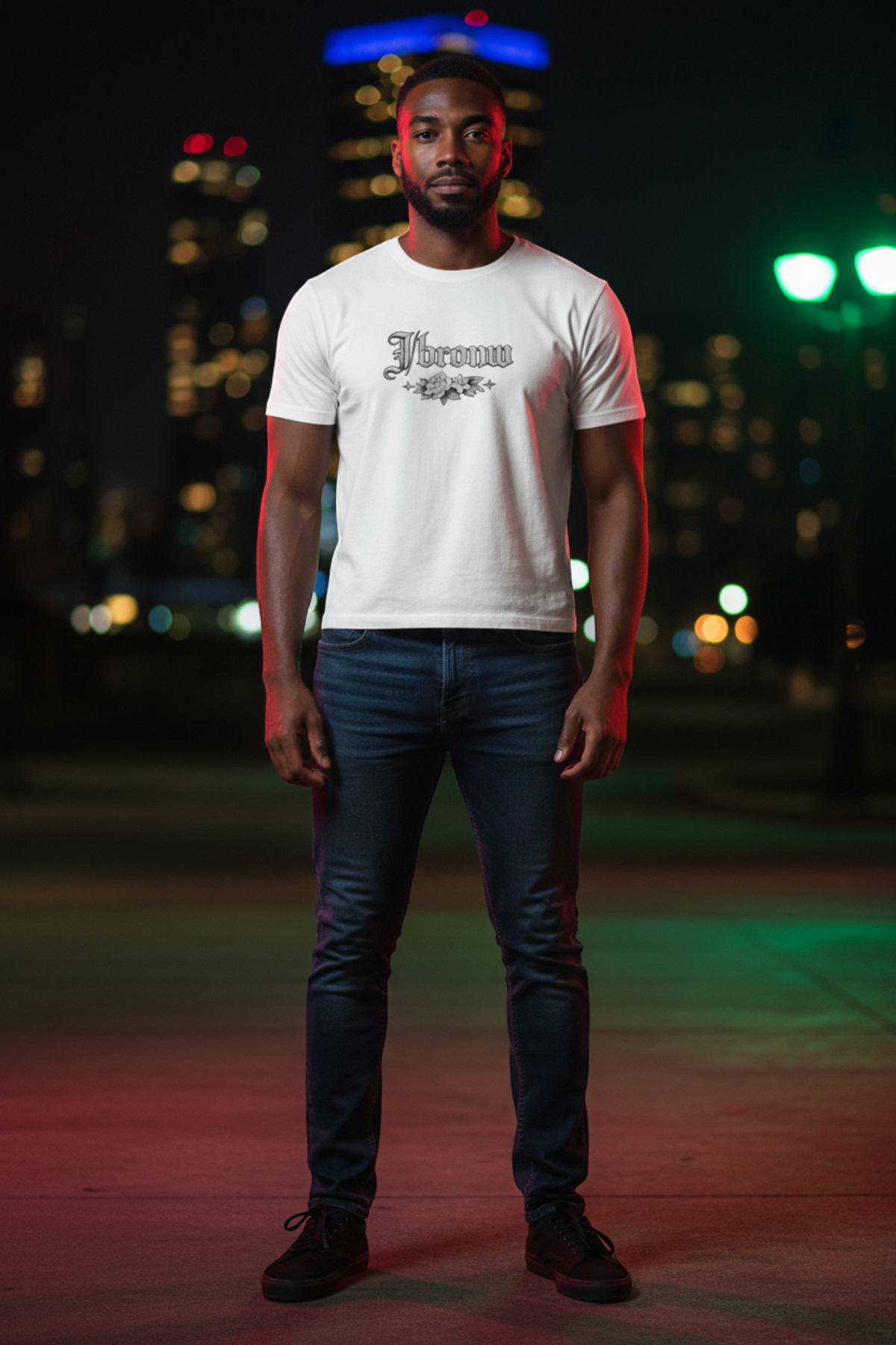 J/bronw Signature Tee — White — worn by a model, front view