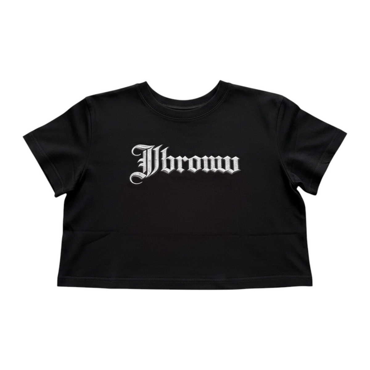 J/bronw Blackletter Tee — Black — flat lay, front