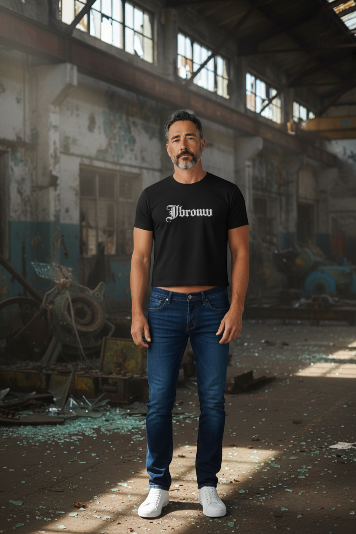 J/bronw Blackletter Tee — Black — worn by a model, front view