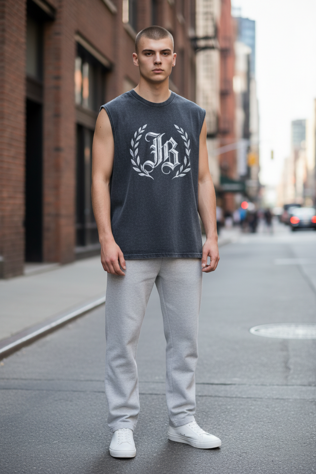 J/bronw Laurel Tee — Acid Gray — worn by a model, front view