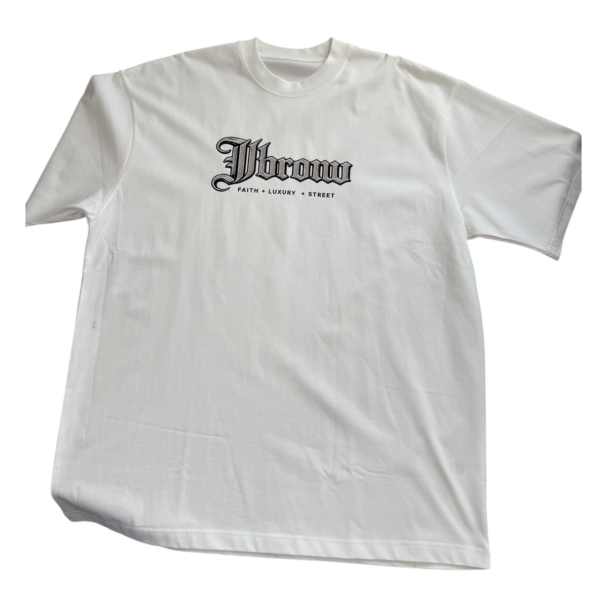 J/bronw Script Tee — White — back view