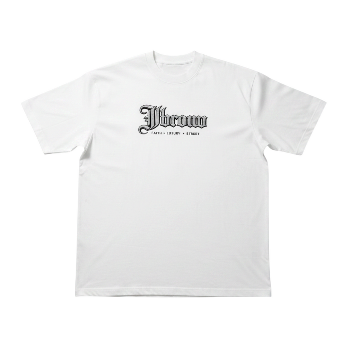 J/bronw Script Tee — White — flat lay, front