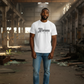 J/bronw Script Tee — White — worn by a model, front view