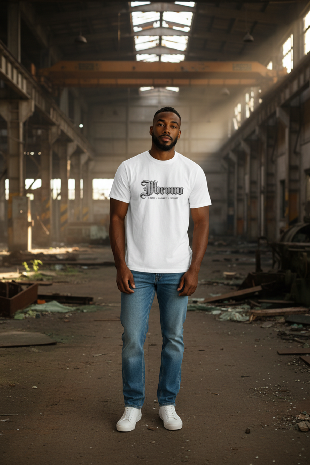 J/bronw Script Tee — White — worn by a model, front view