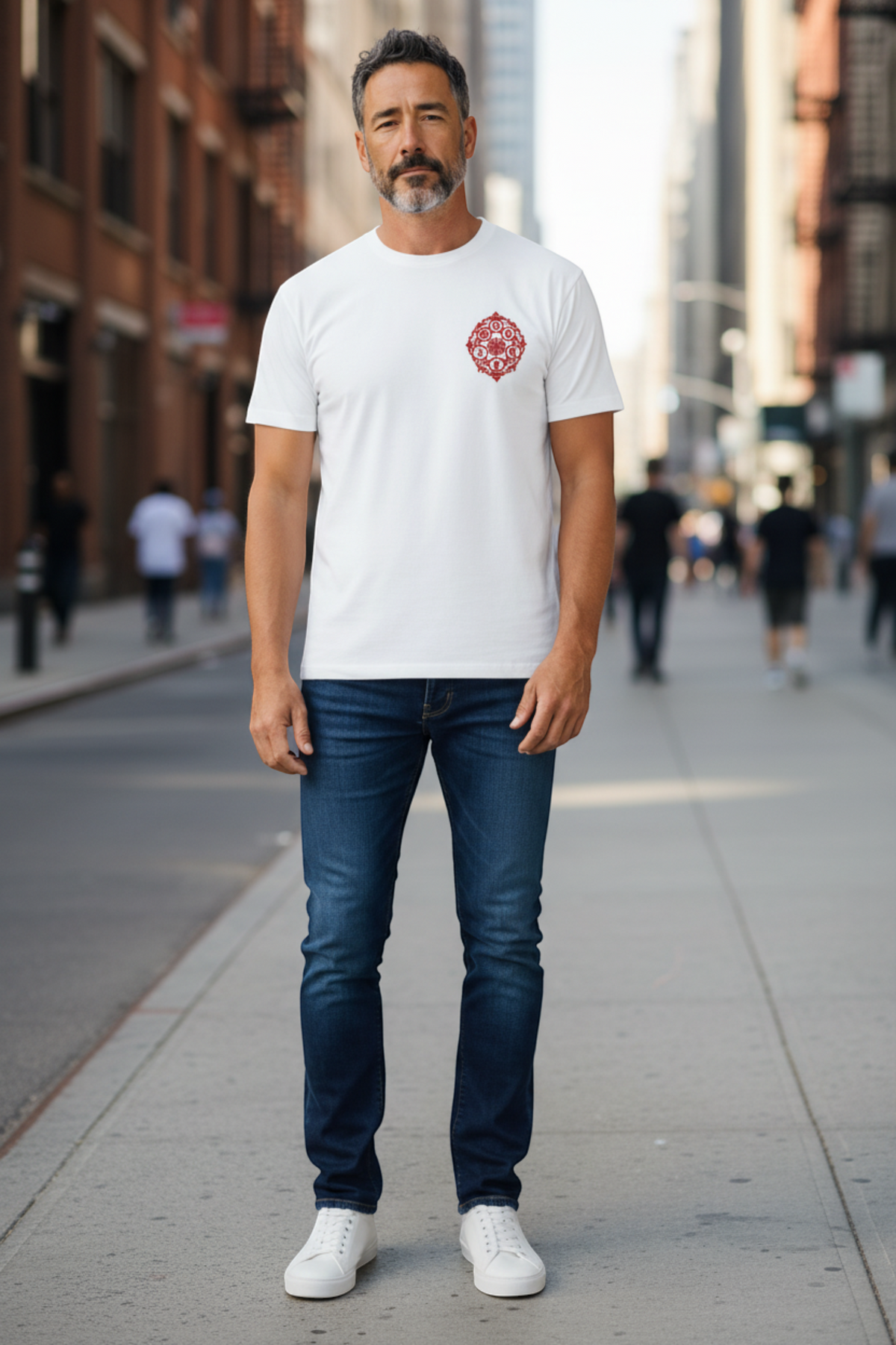 J/bronw Rosette Tee — White — worn by a model, front view