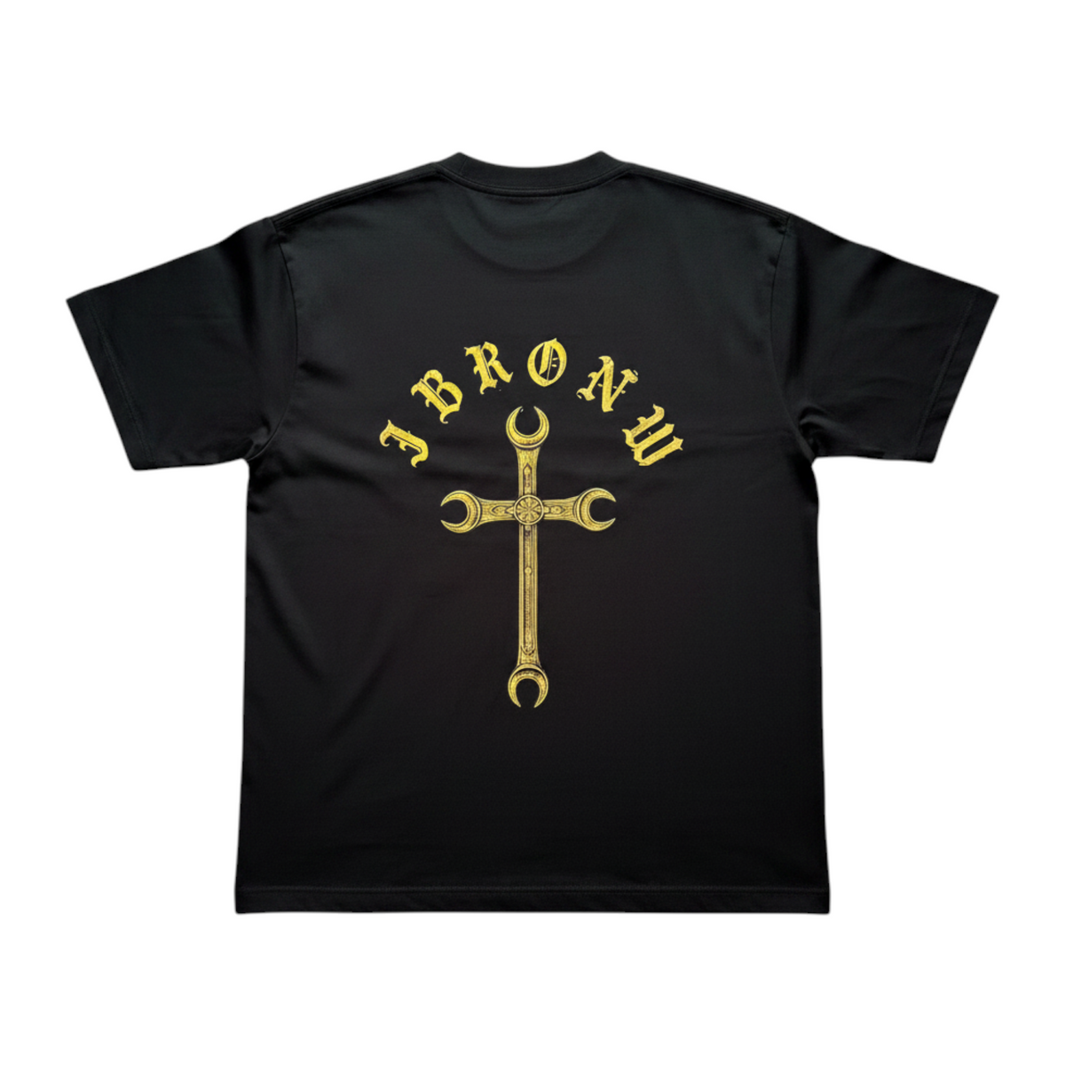 J/bronw Wrench Cross Tee — Charcoal — flat lay, front