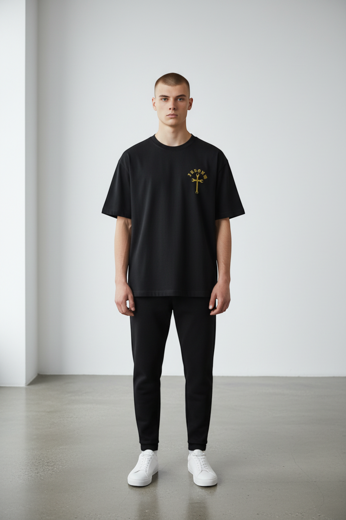 J/bronw Wrench Cross Tee — Charcoal — worn by a model, front view