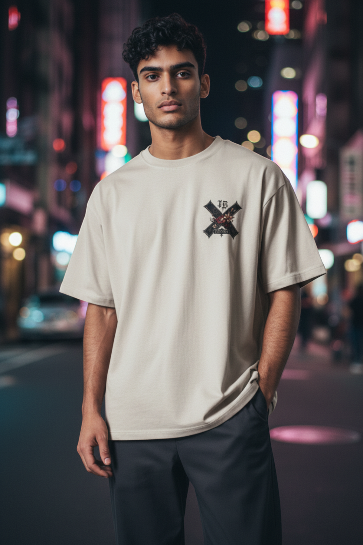 J/bronw Saltire Tee — Sand — worn by a model, front view