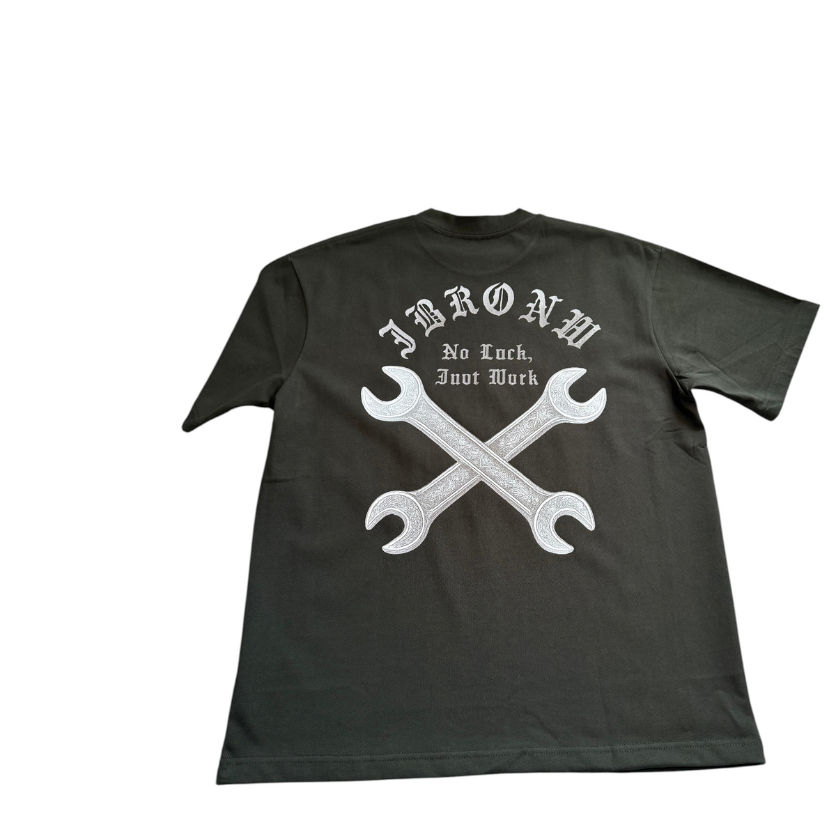 J/bronw Wrenches Tee — Olive — back view