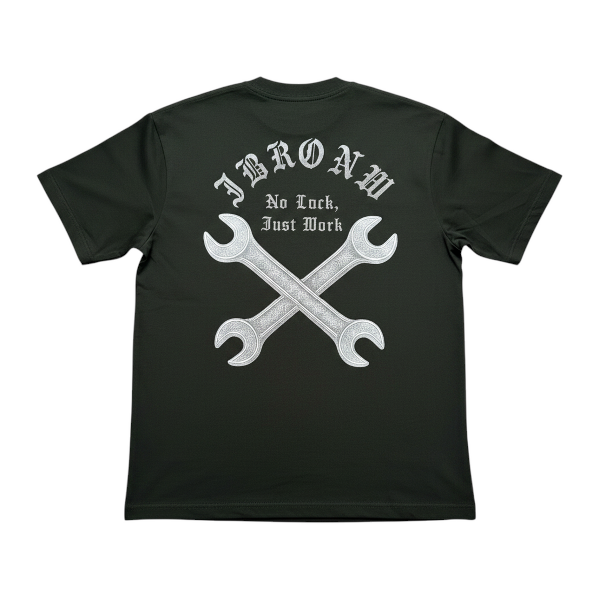 J/bronw Wrenches Tee — Olive — flat lay, front