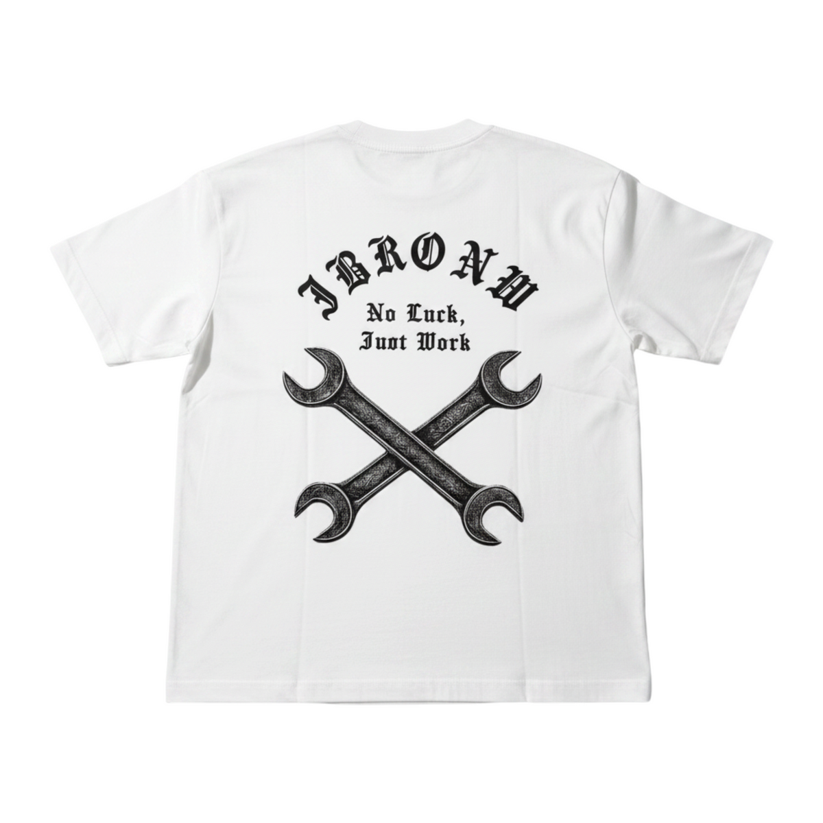 J/bronw Wrenches Tee — White — flat lay, front
