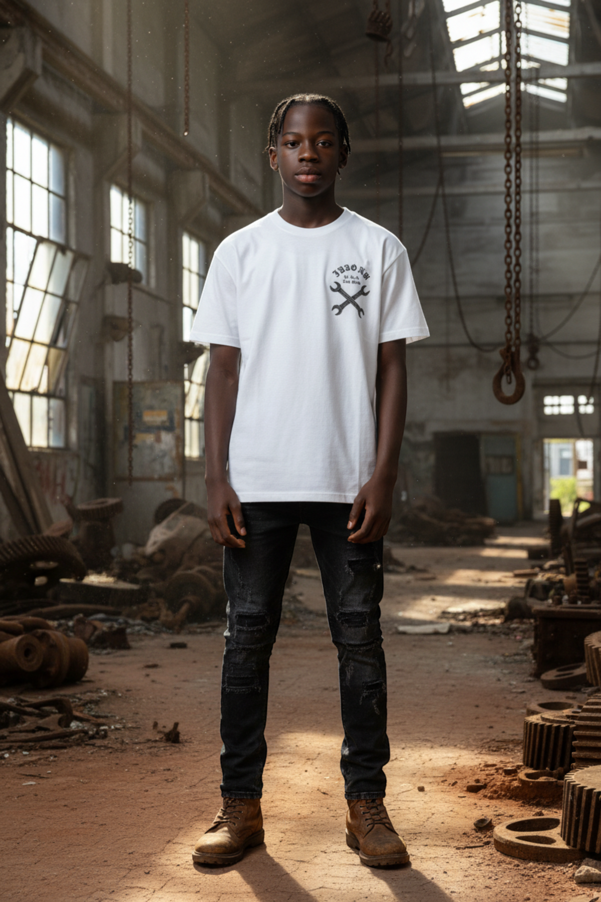 J/bronw Wrenches Tee — White — worn by a model, front view